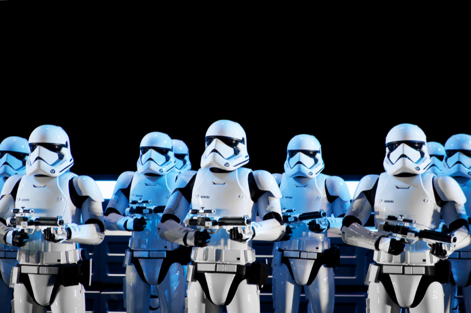 Disney World's Newest Themed Resort . This is an image of the storm troopers on the Rise of the Resistance Ride in Galaxy's Edge.